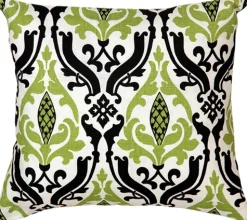 Linen Damask Print Green Black 16x16 Throw Pillow