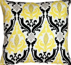Linen Damask Print Yellow Black 18x18 Throw Pillow